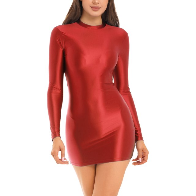 RUNQHUI Robe Moulante Brillante à Manches Longues pour Femmes, Lisse et Extensible, Col Montant, Mini Moulante, Bourgogne G