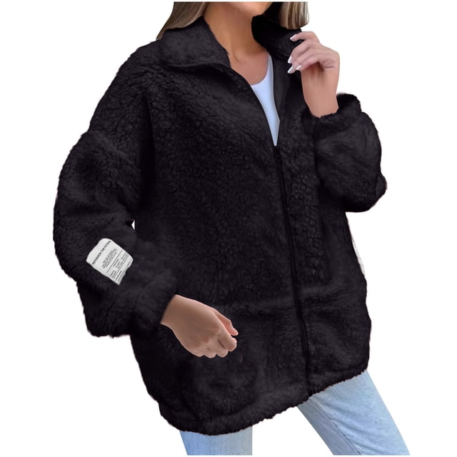 WRKEKC Women's Thick Plush Jacket Long Sleeve Solid Color Zipper Front Winter Warm Coat