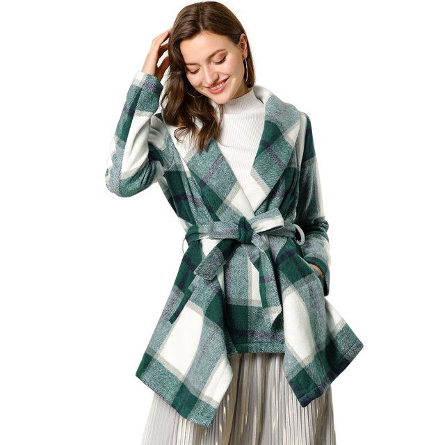 INSPIRE CHIC Women's Turn Down Collar Asymmetric Hem Plaids Short Open Front Coat