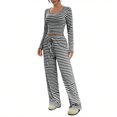 thumbnail image 2 of NJDVHB Économies d'Automne Hiver! Ensemble de Détente pour Femmes, Tenues de Nuit pour Dames, Blouse à Rayures Décontractée Col Rond Manches Longues Mode Short Pyjama, Noir, P, 2 of 5