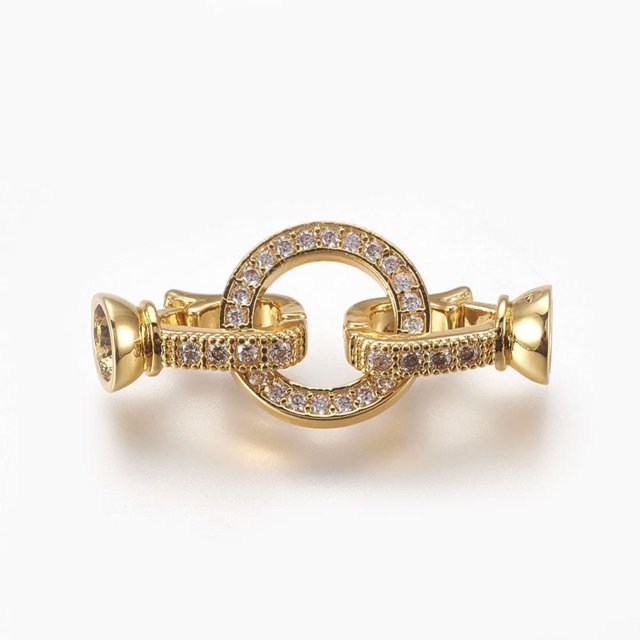 HLONK 5Set Brass Micro Pave Cubic Zirconia Fold Over Clasps Flat Round Clear Real Platinum Plated 32mm Inner 4.5mm
