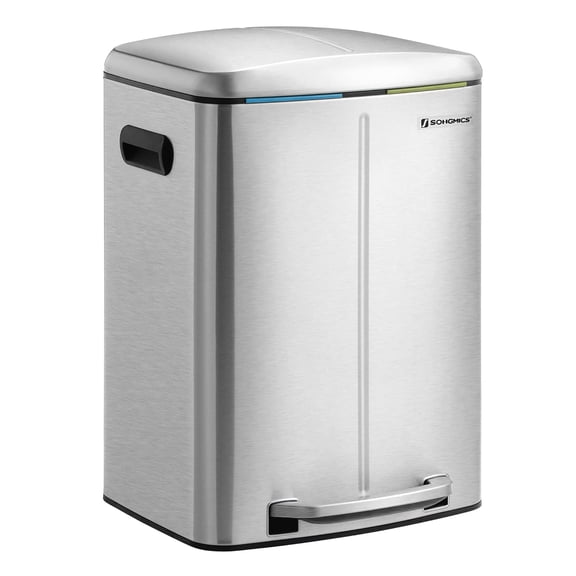 SONGMICS Trash Can, 2 x 20 L Garbage Can for Kitchen, Dual Compartment Metal Step Bin, with Plastic Inner Buckets, Soft-Close Lids, and Handles