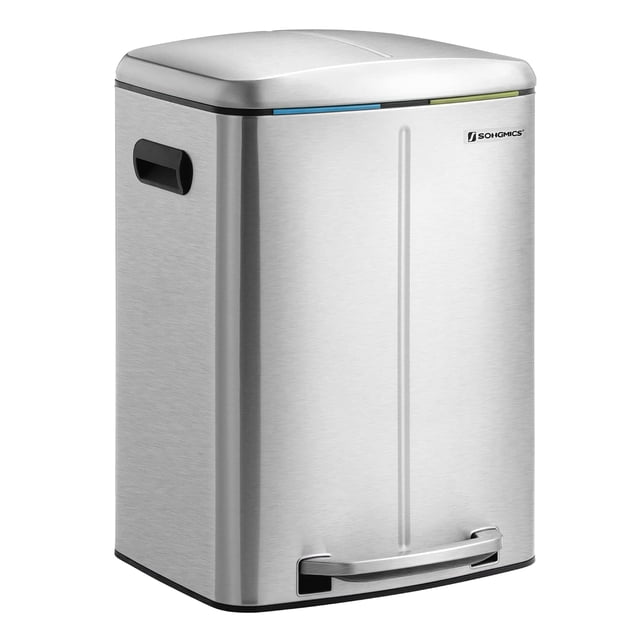 SONGMICS Trash Can, 2 x 20 L Garbage Can for Kitchen, designed for efficient waste sorting with dual compartments, soft-close lids, and removable plastic inner buckets. The durable silver steel exterior complements kitchen organization, while handles and a rear bag hole enhance functionality.