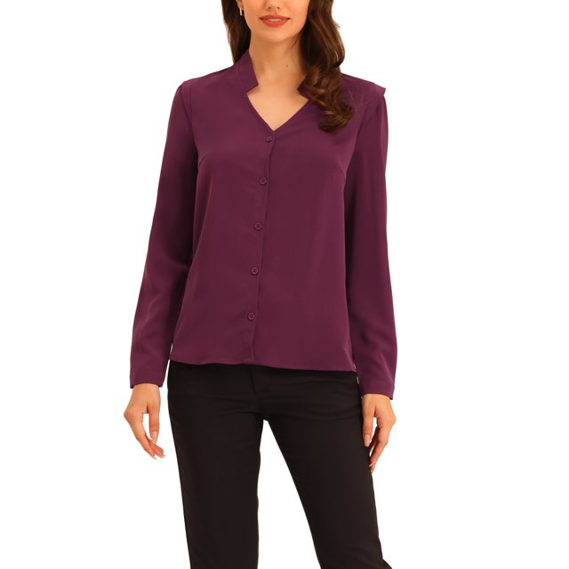 INSPIRE CHIC Chemise Élégante à Manches Longues Col en V pour Femmes TP Rouge Violacé