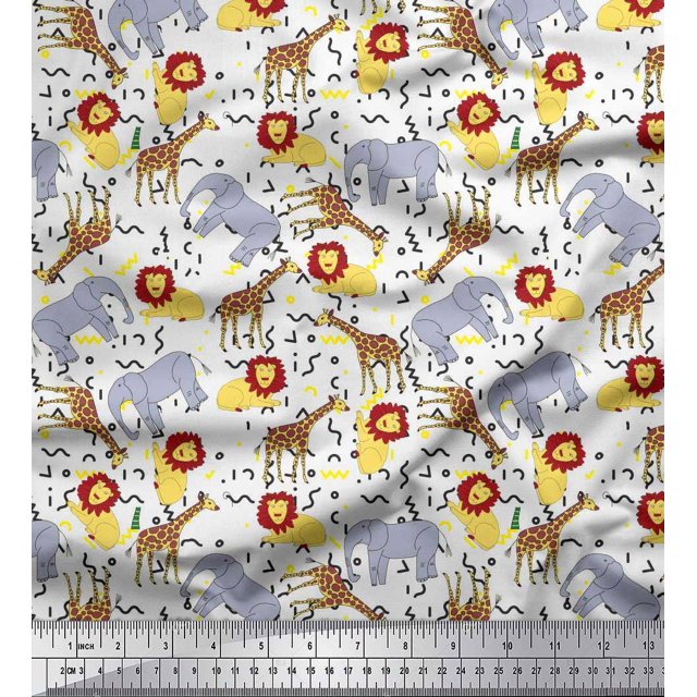 Soimoi White Polyester Crepe Fabric Lion,Giraffe & Elephant Kids Decor Fabric Printed BTY 42 Inch Wide