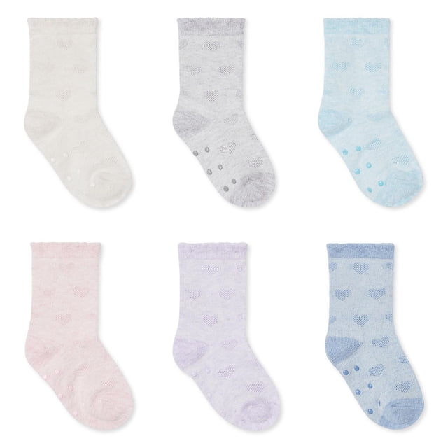 George Baby Girls' Socks 6-Pack with six pairs of soft knit socks in assorted pastel colours including cream, grey, light blue, pink, lavender, and blue. Each sock has elastic cuffs, heart patterns, and grippers on the soles for safe walking support.