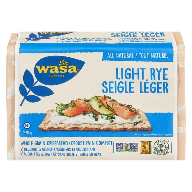 Wasa Light Rye Whole Grain Crispbread 270gr package showing a rectangular, lightly baked rye crispbread topped with cream cheese, smoked salmon, cucumber slices, and herbs, highlighting its all-natural, sugar-free, low-fat Swedish style crispbread suitable for healthy snacking and often used as a base for light appetizers.