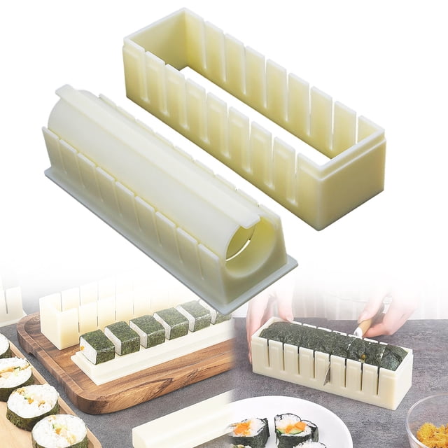 XIPYYKM Sushi Making Kit with sushi molds and rollers made of durable PP material. Includes rice mold shapes for creating round sushi and onigiri. Perfect for beginners, this DIY sushi tool simplifies sushi preparation at home. Ideal for specialty kitchen tools enthusiasts, the kit is shown with sushi being prepared and served on a wooden board.