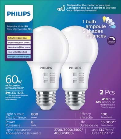 Philips LED 60W A19 Selectable White (5CCT) 2-Pack