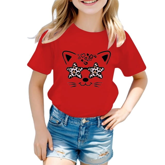 LUOGENLI T-Shirt pour Filles Enfant Filles Mignon Graphique Col Rond Manche Courte Tee Été Décontracté T-Shirt Maxi Hauts Ensembles Filles Tenue 2 Pcs Plage Rouge 9-10 Ans