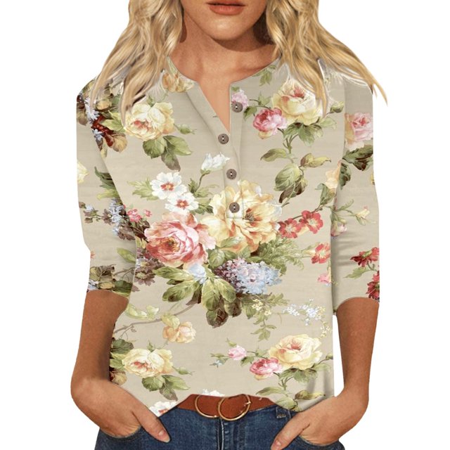 2025 Femmes Décontracté Col en V Randonnée Chandail à Manches Longues Dégradé Coloré Imprimé Géométrique Femmes Col Roulé Simulé à Manches Longues Bouton Manches Trois Quarts T-Shirt pour Femmes T