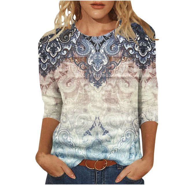 Pompotops T-shirt Imprimé pour Femmes, Manches 3/4 Mi-Longues, Col Rond, Décontracté, Liquidation