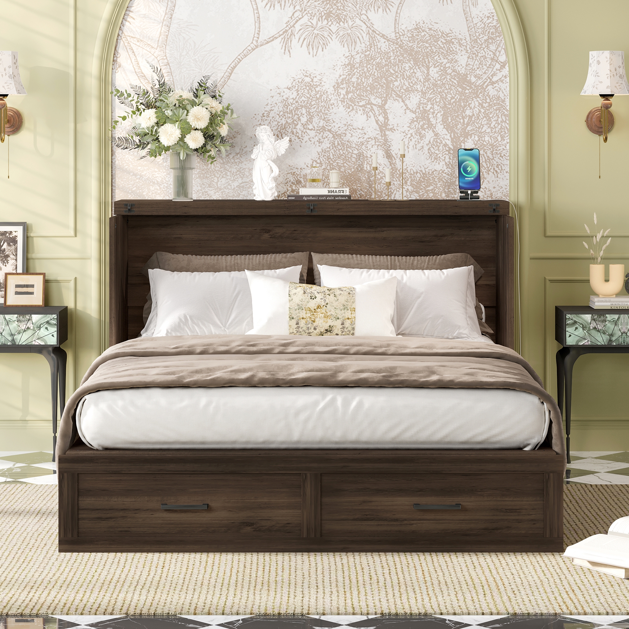 Lit escamotable Noble House, de style ferme, gris, 3 places, avec station de recharge