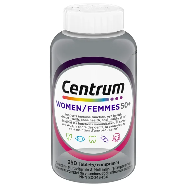 Centrum Complete Multivitamin and Mineral Supplement for Women 50+, 250 Tablets. A grey bottle with a white cap featuring the Centrum logo and text indicating support for immune function, eye health, dental health, bone health, and healthy skin. Ideal multivitamin for women over 50, promoting overall health and wellness.