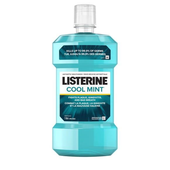 Listerine Menthe Fraîche Rince-Bouche Antiseptique, Huiles Essentielles Menthol, Thymol, Eucalyptol - Plaque, Mauvaise Haleine, Gingivite 1 Litre