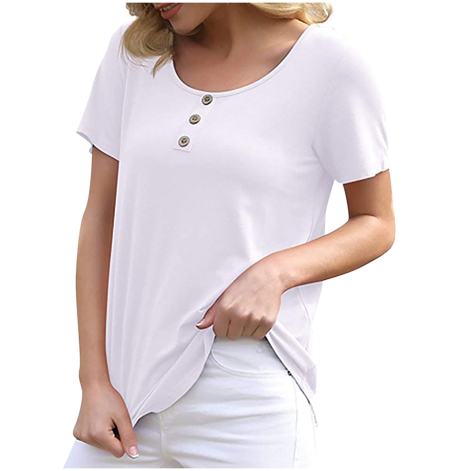 Birdeem Womens Casual Loose Solid Color Crewneck Short Sleeve Button T-Shirt Tops