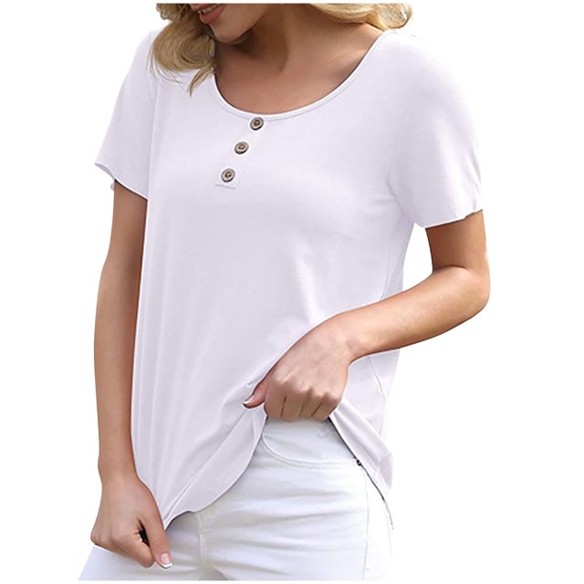 Birdeem Womens Casual Loose Solid Color Crewneck Short Sleeve Button T-Shirt Tops