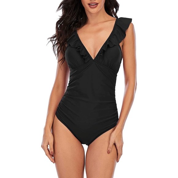 Women's Ruffle One Piece Swimsuit V Neck Bathing Suits Ladies Sexy Swimwear BLAC