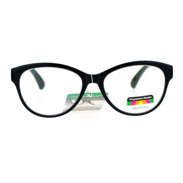SA106 Cat Eye Multi 3 Focus Progressive Reading Glasses in black with +1.75 magnification. Designed for eye care, these progressive lenses offer three powers in one pair for seamless reading and vision adjustment. Stylish cat-eye frames measuring 5 3/8 inches wide and 1 7/8 inches high.