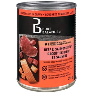 Pure Balance Beef & Salmon Stew Tender Cuts in Gravy Wet Dog Food, 354 G Can