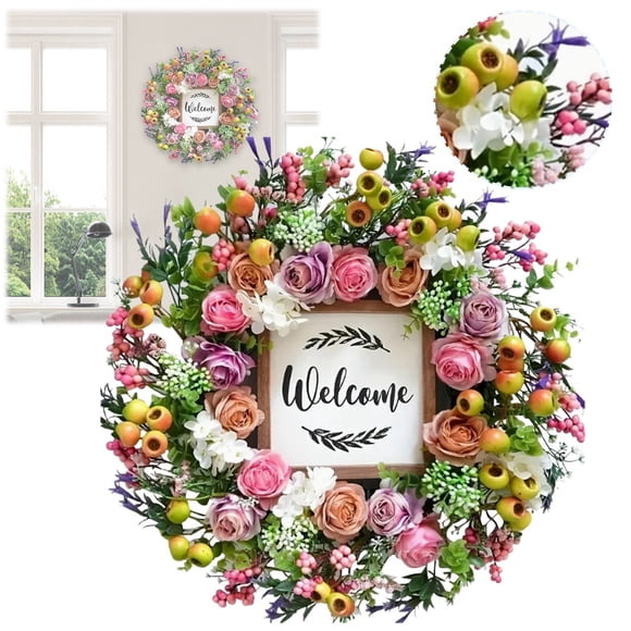 Spring And Summer Door Wreath Berry And Colorful Garland With Welcome Sign Spring And Summer Greenery Wreath For Door Wall And Window Holiday Decoration Modern Christmas Decorations Indoor Snowmen