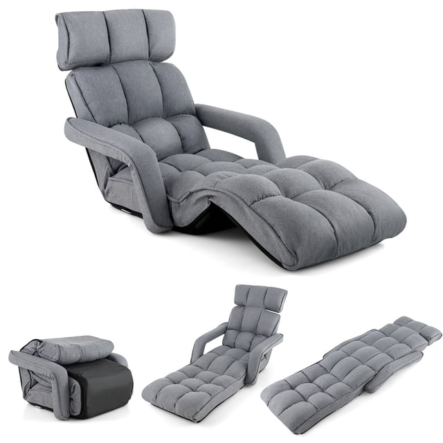 Costway chaise de Sol Réglable à 6 Positions pour Adultes en Tissu Gris de Type Lin, Conçue pour des Installations de Meubles de Jeu. Présente un design Pliable avec Appuie-Tête, Dossier et Repose-Pieds Réglables. Présentée dans des configurations Incluant Fauteuil Inclinable, chaise Longue et Lit Simple Plat. Cadre en Métal Robuste Supporte jusqu'à 300 Lb.