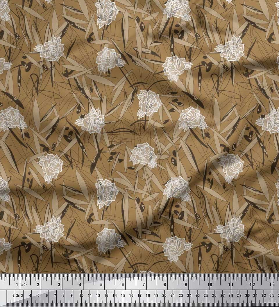 Soimoi Silk Fabric Leaves & Rose Floral Decor Fabric Printed Yard 42 Inch Wide