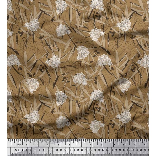 Soimoi polyester Crepe Fabric Leaves & Rose Floral Decor Fabric Printed Yard 42 Inch Wide