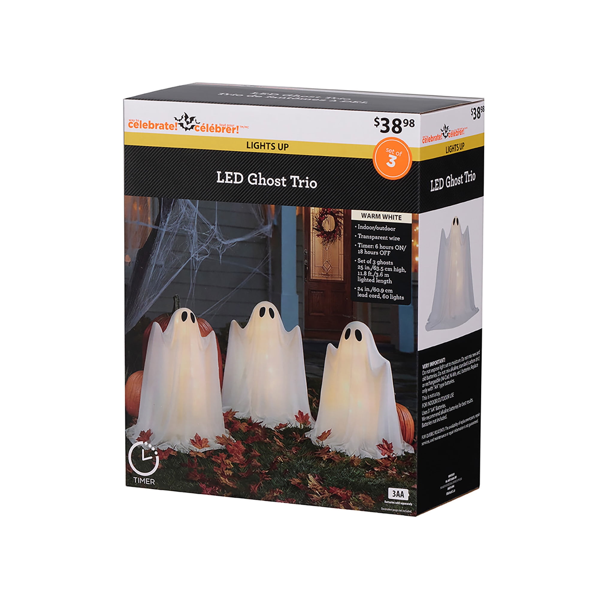 Way to Celebrate Halloween Lot de 3 guirlandes lumineuses fantômes en tissu de gaze de 25 po, fonctionnant à piles avec DEL blanches chaudes, pour intérieur et en extérieur