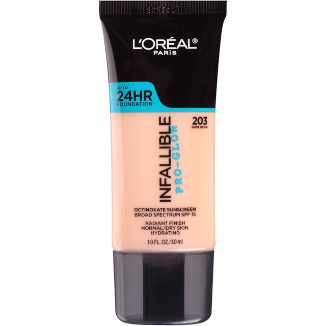 L'Oréal Paris Infallible Pro-Glow Foundation in 203 Nude Beige, a 30 ml liquid foundation tube with black cap and top, providing up to 24-hour radiant finish, SPF 15 broad spectrum sunscreen, and hydrating formula for normal to dry skin.