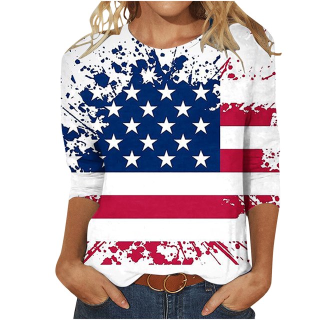 EQWLJWE Hauts d'Été pour Femmes Hauts pour Femmes Liquidation Mode Féminine Manches Courtes Col Rond Rétro Imprimé Blouse Ample Manches Trois-Quarts