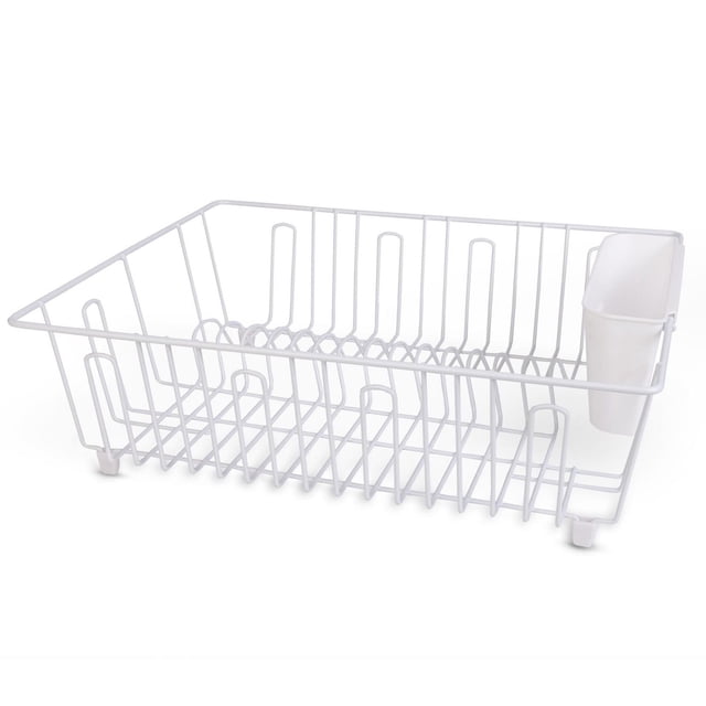 Mainstays Large Dish Drainer Rack in chrome and white with a rectangular wire frame and vertical slots for drying dishes, including a detachable white plastic cutlery cup, ideal for kitchen storage and silverware drying on countertops.