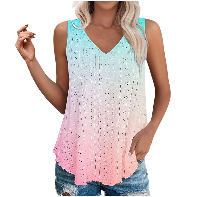 Plebaso Débardeurs pour Femmes Col en V Dégradé Léger Chemises à Illets Fluides Blouses d'Été Sans Manches
