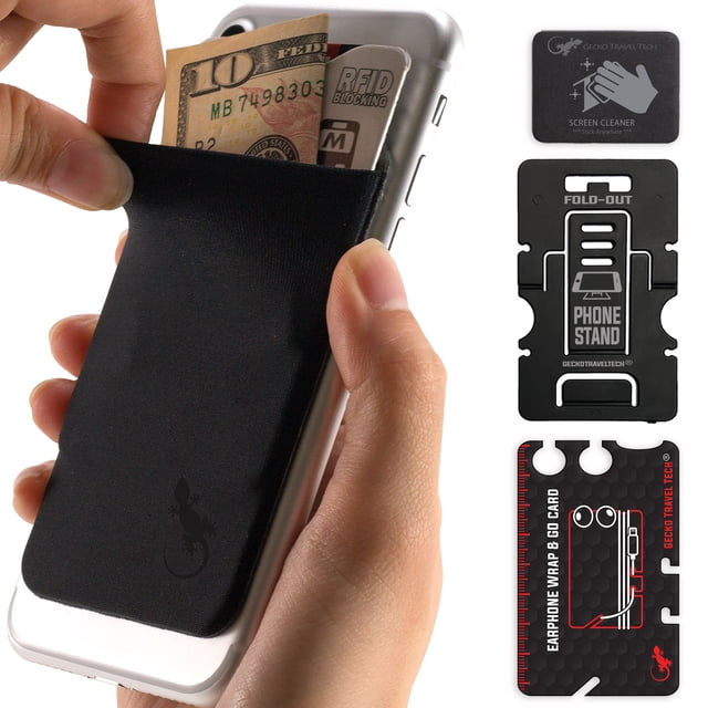 Gecko Travel Tech Phone Wallet - Stick On Card Holder Wallet for Cell Phones - Adhesive Card Pocket - BLACK BLACK