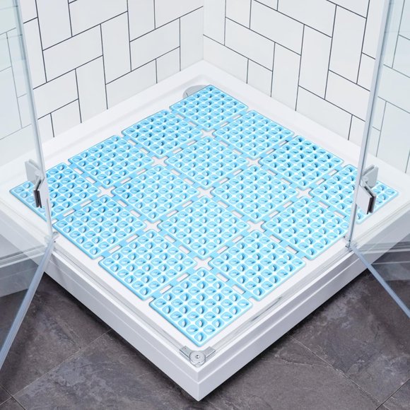 Square Shower Mat Non Slip - 23.6 Inch Bath Tub Mat Anti Slip with Suction Cups and Drain Holes - Foldable Bathroom Wet Floor Mat Anti-Skid Foot Pad Shower Stall Tray Mat for Elderly, Blue
