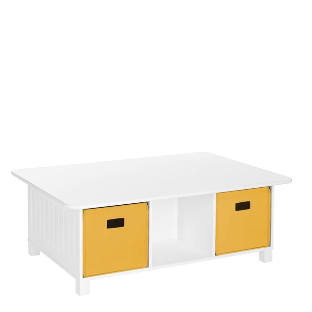 RiverRidge® Home 6-Cubby Storage Activity Table in white with two golden yellow folding storage bins, featuring six cubbies for storing toys and art supplies, low height suitable for toddlers in playrooms or bedrooms.