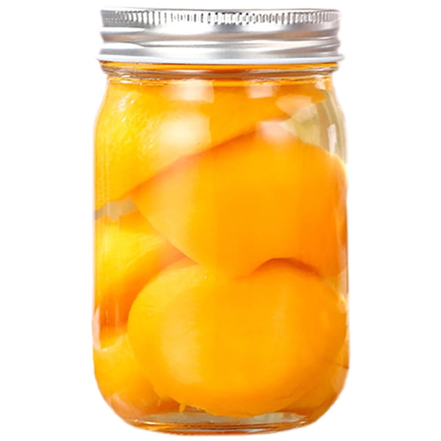 Bangcool Food Storage Jar Transparent Wide Mouth Mason Jar Jam Container Canning Canister. A clear glass mason jar with a silver airtight lid, filled with preserved yellow fruit slices. Suitable for kitchen organization, storing jam, honey, sugar, or dry foods while keeping contents fresh and dry.