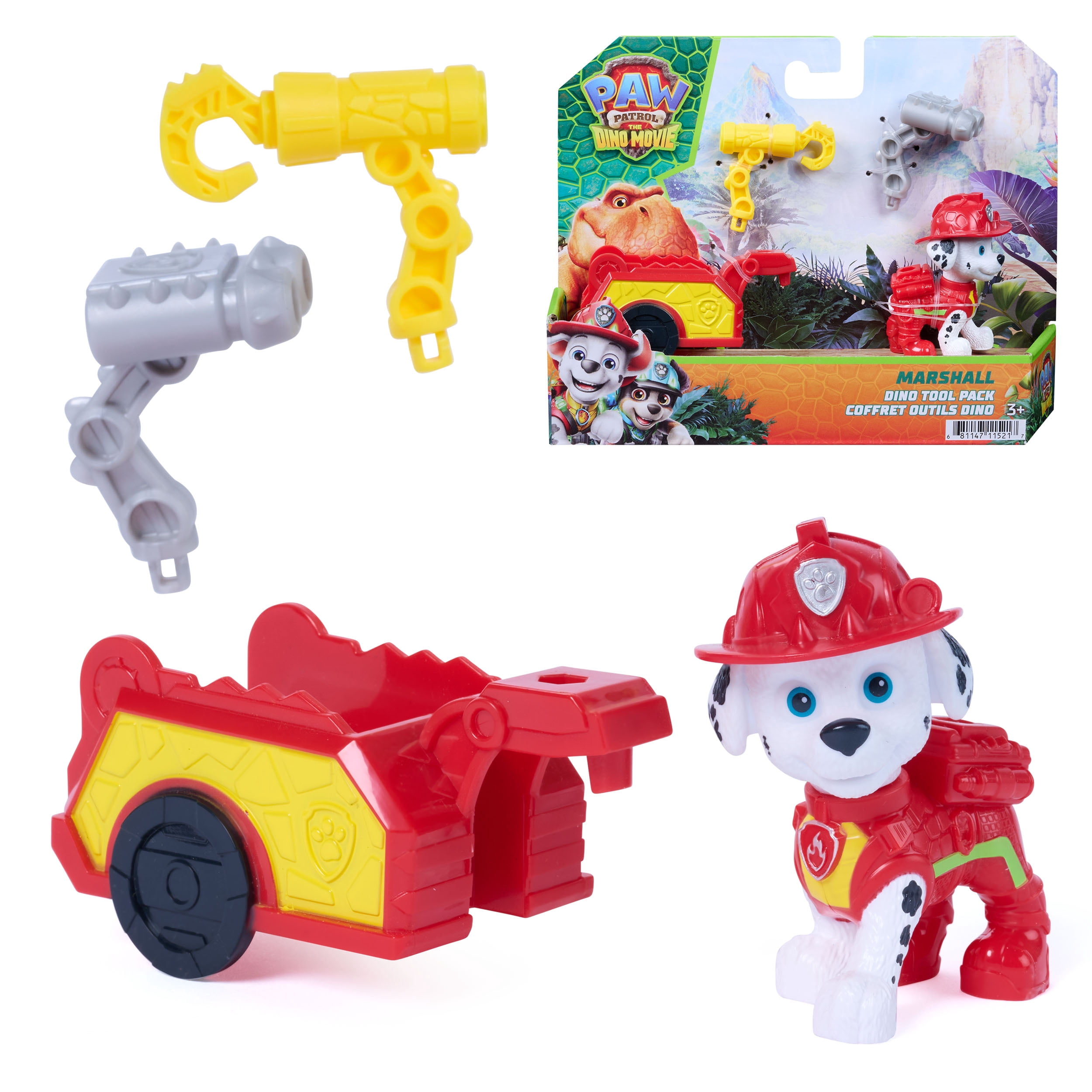 PAW Patrol: The Dino Movie, Marshall Dino Tool Pack, 2.5-Inch Action Figure with Attachable Rescue Trailer and 2 Interchangeable Tools, Preschool Toys for Boys and Girls Ages 3+