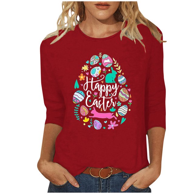 RKSTN Hauts Grande Taille pour Femmes Ufs de Pâques Mignons Imprimés Lapin Coupe Ample Col Rond Manches 3/4 Printemps Été Blouse Douce