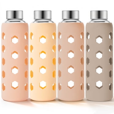 Glass Juice Bottles with Lids and Silicone Sleeves 18 oz, 4-Pack Reusable Clear Glass Water Bottles with Stainless Steel Airtight Cap for Juicing, Refrigerator, BPA Free Leak-Proof Drinking Jar