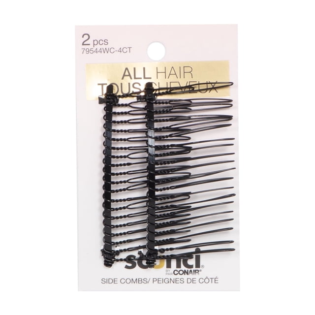 Scunci 2 pack metal side combs on white and gold packaging, black metal combs with long narrow teeth and twisted spines, designed for styling and holding all hair types securely.