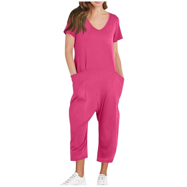 Yuyuzo Jumpsuits for Women Short Sleeve V Neck Rompers Wide Leg Cropped Pants Overalls with Pockets