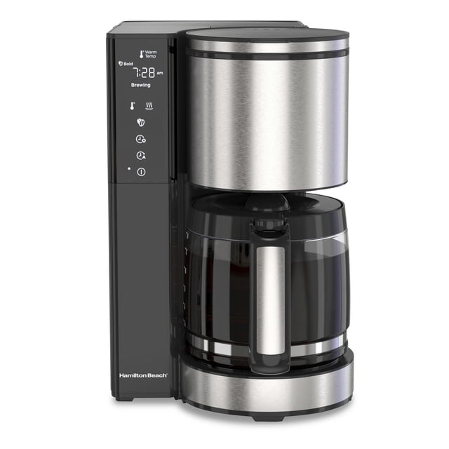 Hamilton Beach Easy Measure 14 Cup Coffee Maker featuring a stainless steel and black design with a digital control panel displaying brewing time and settings.