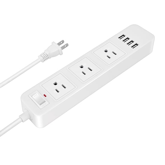3 - Outlet Power Strip with 4 USB Ports, 6.6ft Extension Cord, Surge Protector, 2-Prong to 3-Prong Adapter (White)