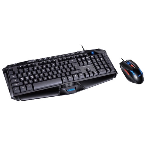 Lexma LX6000 Optical Ergonomic Gaming Keyboard & Mouse Combo, English - Refurbished. The keyboard features 19 anti-ghosting keys, 8 programmable keys, multimedia keys, gaming mode, and a spill-resistant design. The mouse includes an optical sensor with adjustable sensitivity up to 2400DPI, smooth Teflon feet, two programmable buttons, and four LED lighting effects. Both devices are wired with a 1.5m double-braided nylon cable. Refurbished condition with minor scratches.