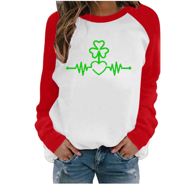 CEHVOM Women's Spring Patchwork St. Patrick's Day Printed Long Sleeves Round Neck Casual Tee Tops