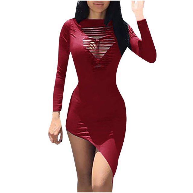 Fridja Robe Moulante Décontractée pour Femmes à Col Rond, Manches Longues, Élastique, Ajourée, Irrégulière