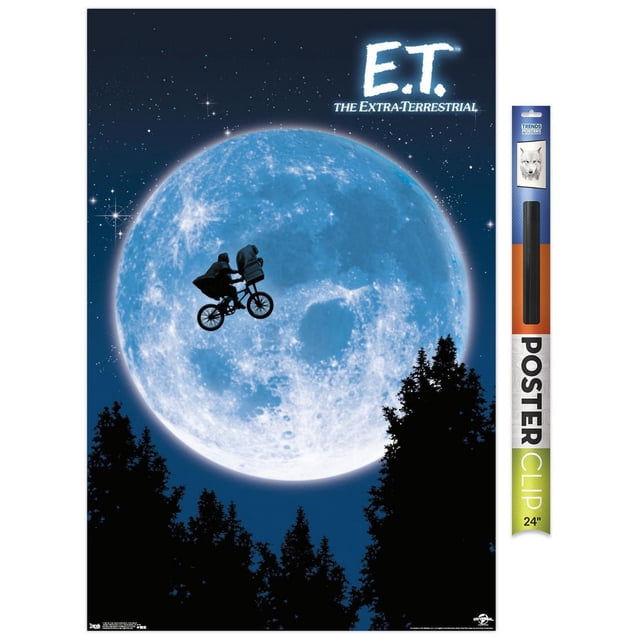 E.T. The Extra-Terrestrial Wall Poster, 22.375" x 34", depicting a silhouette of a boy riding a bicycle with an alien in the basket flying across a large blue moon against a starry night sky with tree silhouettes below, printed on glossy paper with adhesive mounts for easy hanging, suitable for home décor or party use.