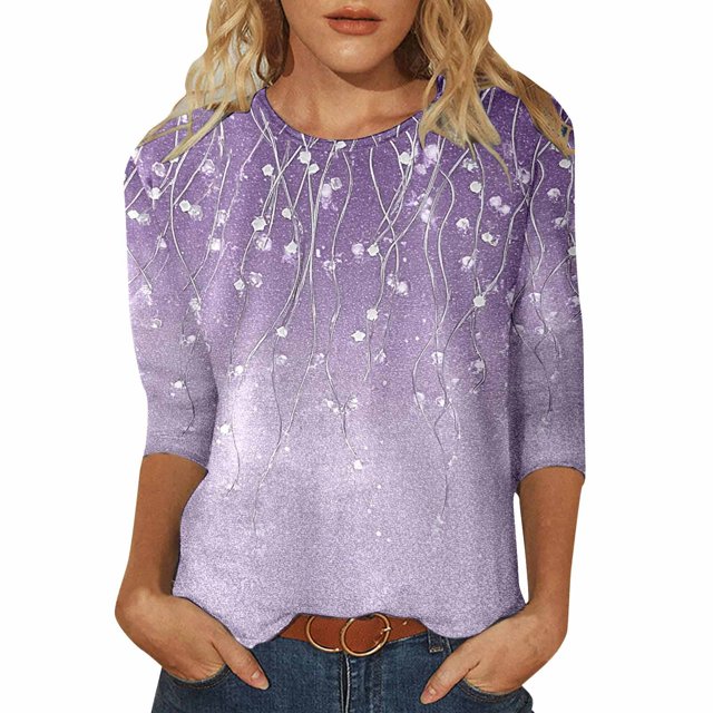 Hauts de Printemps pour Femmes à Paillettes Imprimé Décontracté Col Rond Manches Trois-Quarts Chemises pour Femmes Violet TG