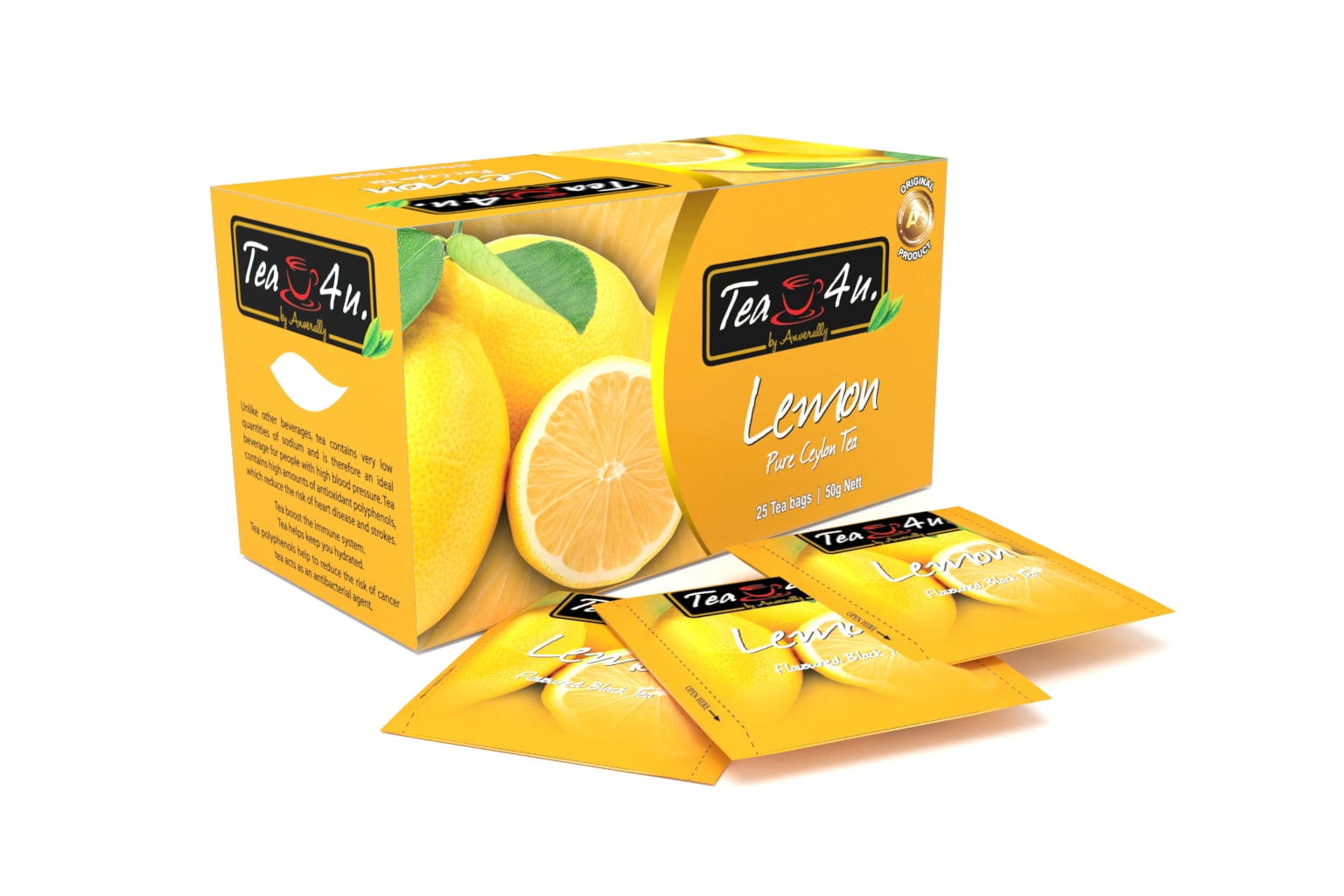 Tea4U Lemon Black Tea, Ceylon tea, Box of 25 Teabags